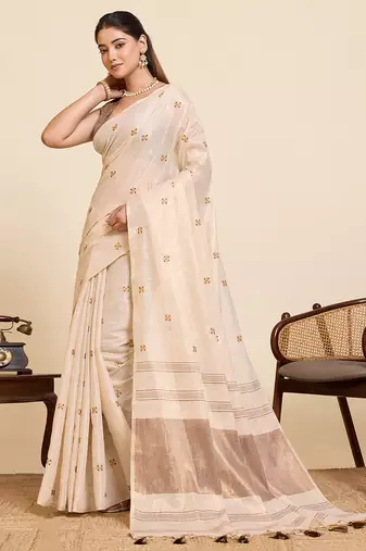 coffee linen embroidered saree with blouse
