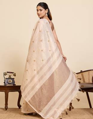 coffee linen embroidered saree with blouse 3