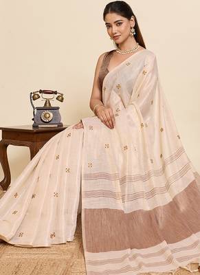 coffee linen embroidered saree with blouse 4