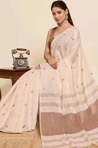 coffee linen embroidered saree with blouse