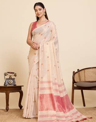 pink linen embroidered saree with blouse 1