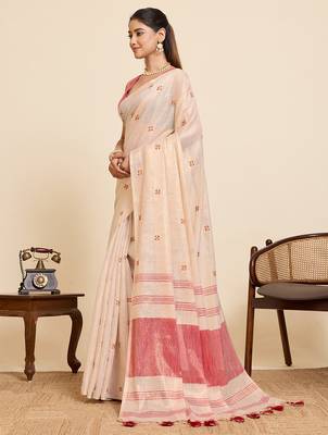 pink linen embroidered saree with blouse 2
