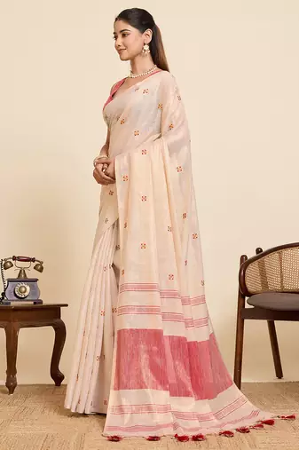 pink linen embroidered saree with blouse