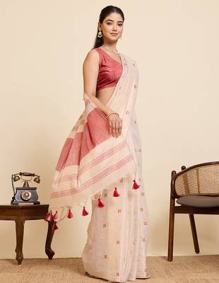 pink linen embroidered saree with blouse 4