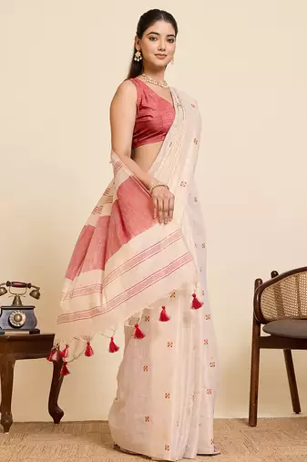 pink linen embroidered saree with blouse