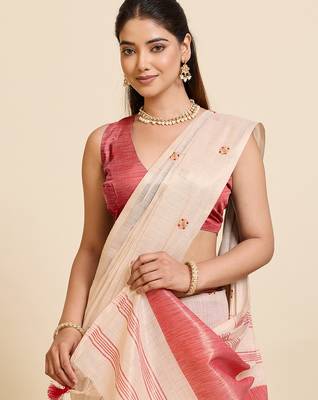 pink linen embroidered saree with blouse 5