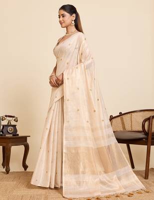 gold linen embroidered saree with blouse 2