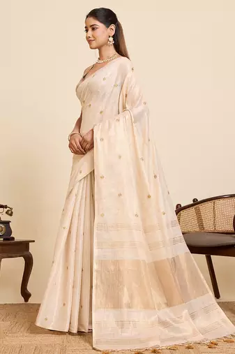 gold linen embroidered saree with blouse
