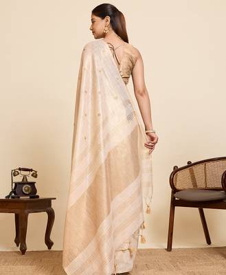 gold linen embroidered saree with blouse 3