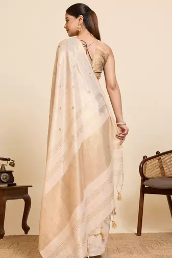 gold linen embroidered saree with blouse