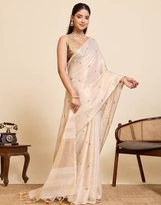 gold linen embroidered saree with blouse 4