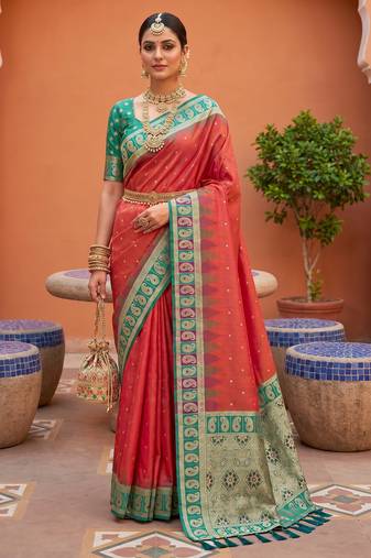 dark orange art silk woven saree with blouse