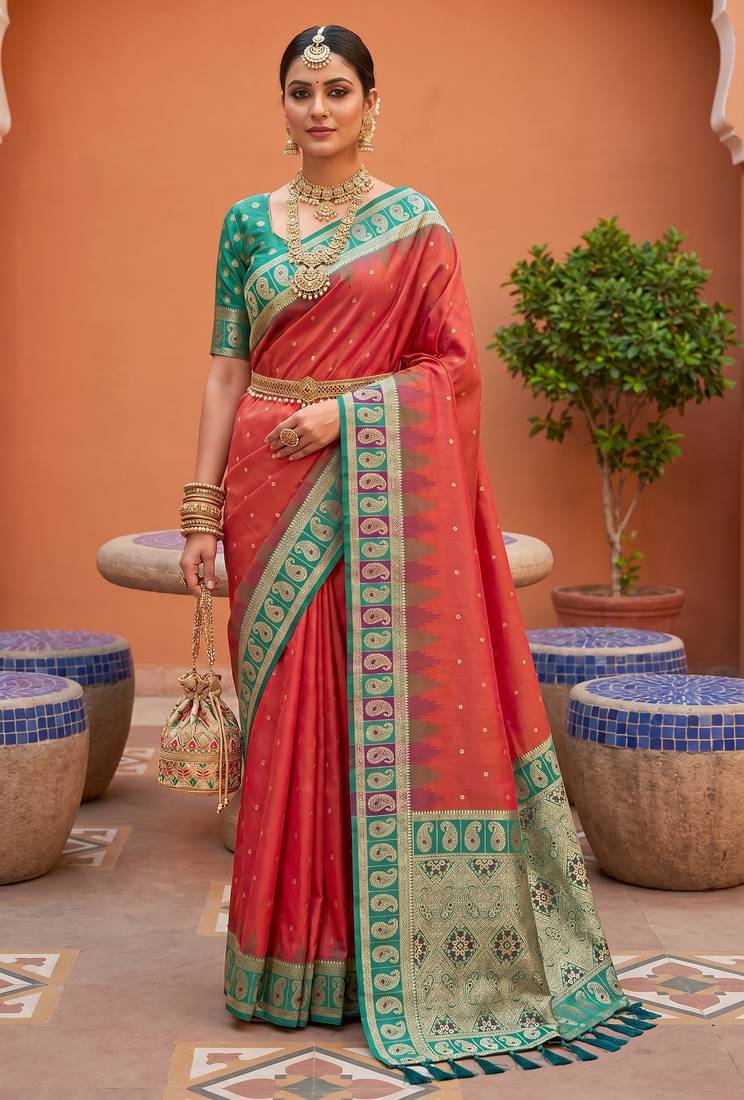 dark orange art silk woven saree with blouse