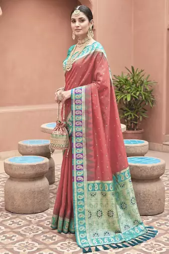 dark orange art silk woven saree with blouse