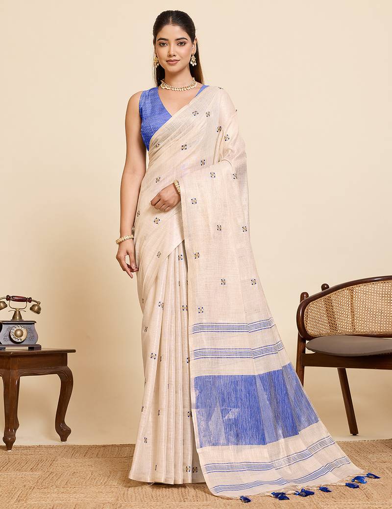 blue linen embroidered saree with blouse