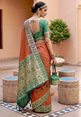 dark orange art silk woven saree with blouse 3