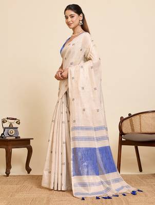 blue linen embroidered saree with blouse 2