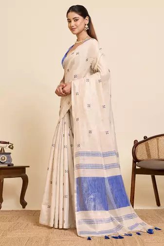 blue linen embroidered saree with blouse