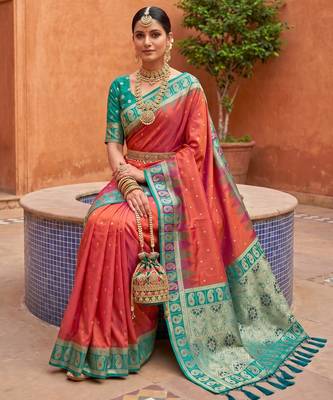 dark orange art silk woven saree with blouse 4