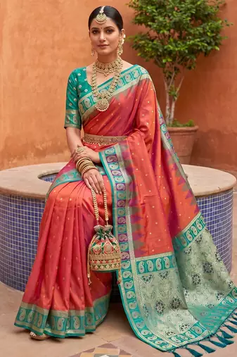 dark orange art silk woven saree with blouse