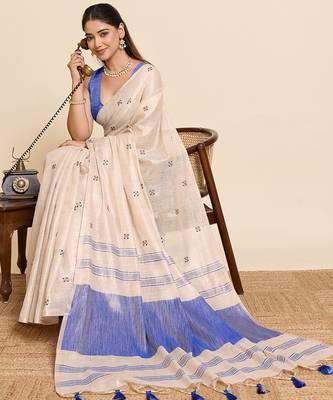 blue linen embroidered saree with blouse 4