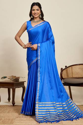 royal blue art silk woven saree with blouse