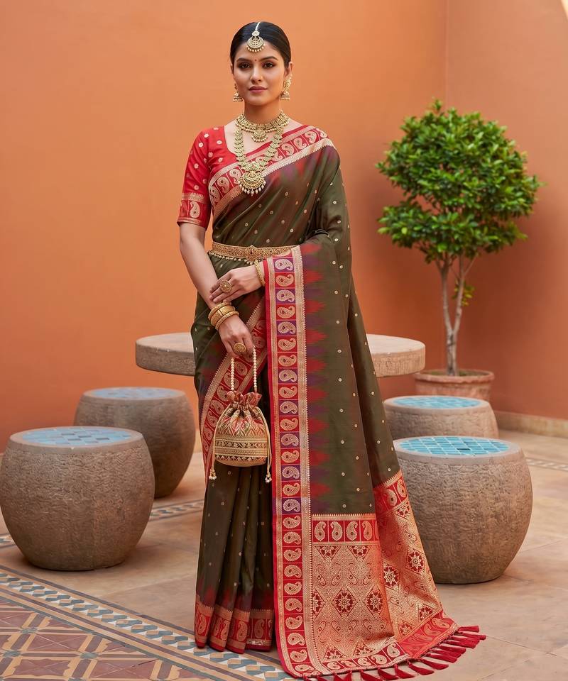mehendi art silk woven saree with blouse