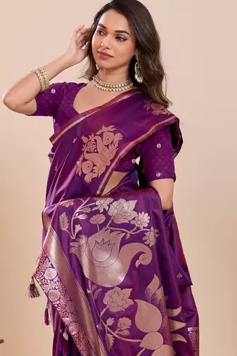 wine art silk woven saree with blouse