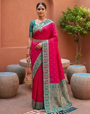 pink art silk woven saree with blouse 1