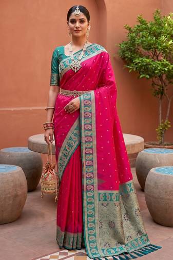 pink art silk woven saree with blouse