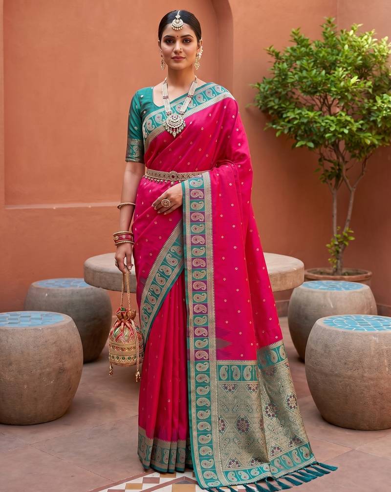 pink art silk woven saree with blouse