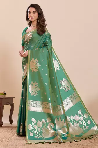 green art silk woven saree with blouse