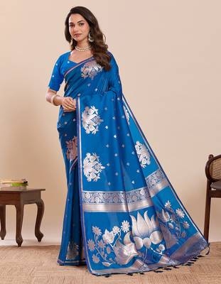 royal blue art silk woven saree with blouse 1