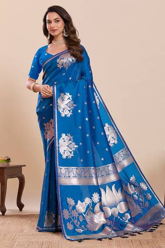 royal blue art silk woven saree with blouse