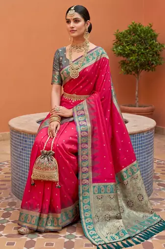 pink art silk woven saree with blouse