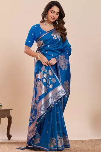 royal blue art silk woven saree with blouse