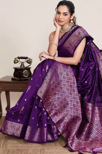wine art silk woven saree with blouse
