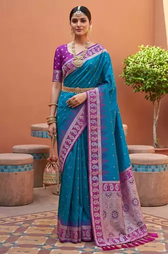 sky blue art silk woven saree with blouse