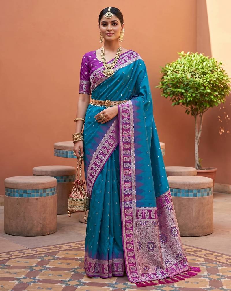 sky blue art silk woven saree with blouse