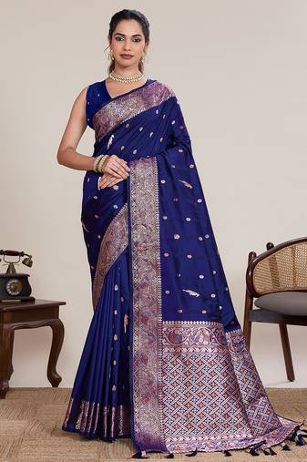 navy blue art silk woven saree with blouse