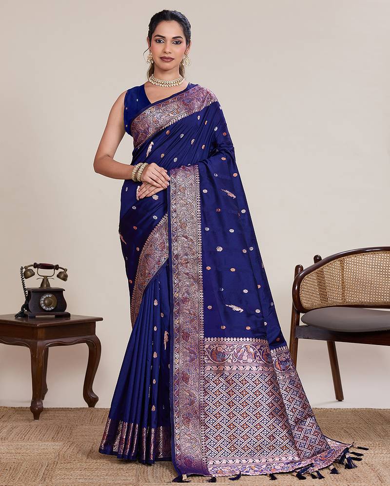 navy blue art silk woven saree with blouse