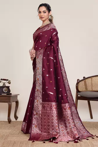 maroon art silk woven saree with blouse