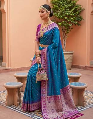 sky blue art silk woven saree with blouse 2