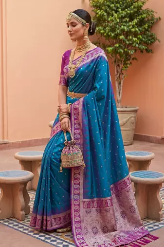 sky blue art silk woven saree with blouse