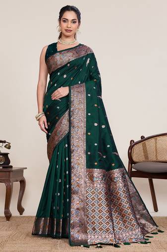 dark green art silk woven saree with blouse