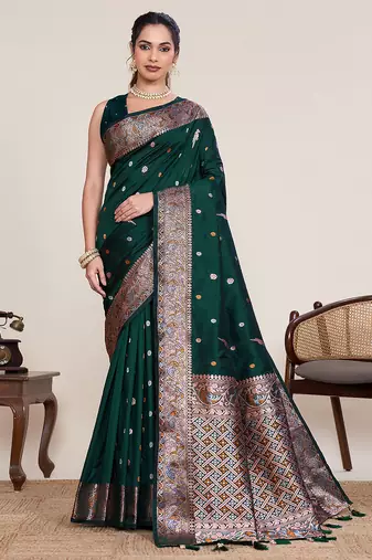 dark green art silk woven saree with blouse
