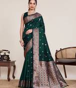 dark green art silk woven saree with blouse