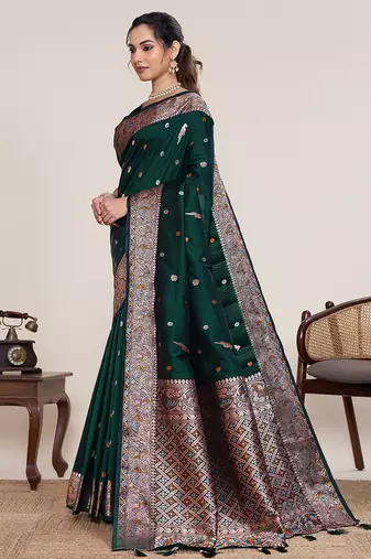 dark green art silk woven saree with blouse