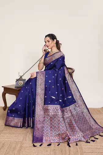 navy blue art silk woven saree with blouse