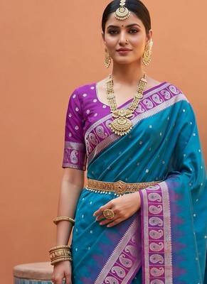sky blue art silk woven saree with blouse 4